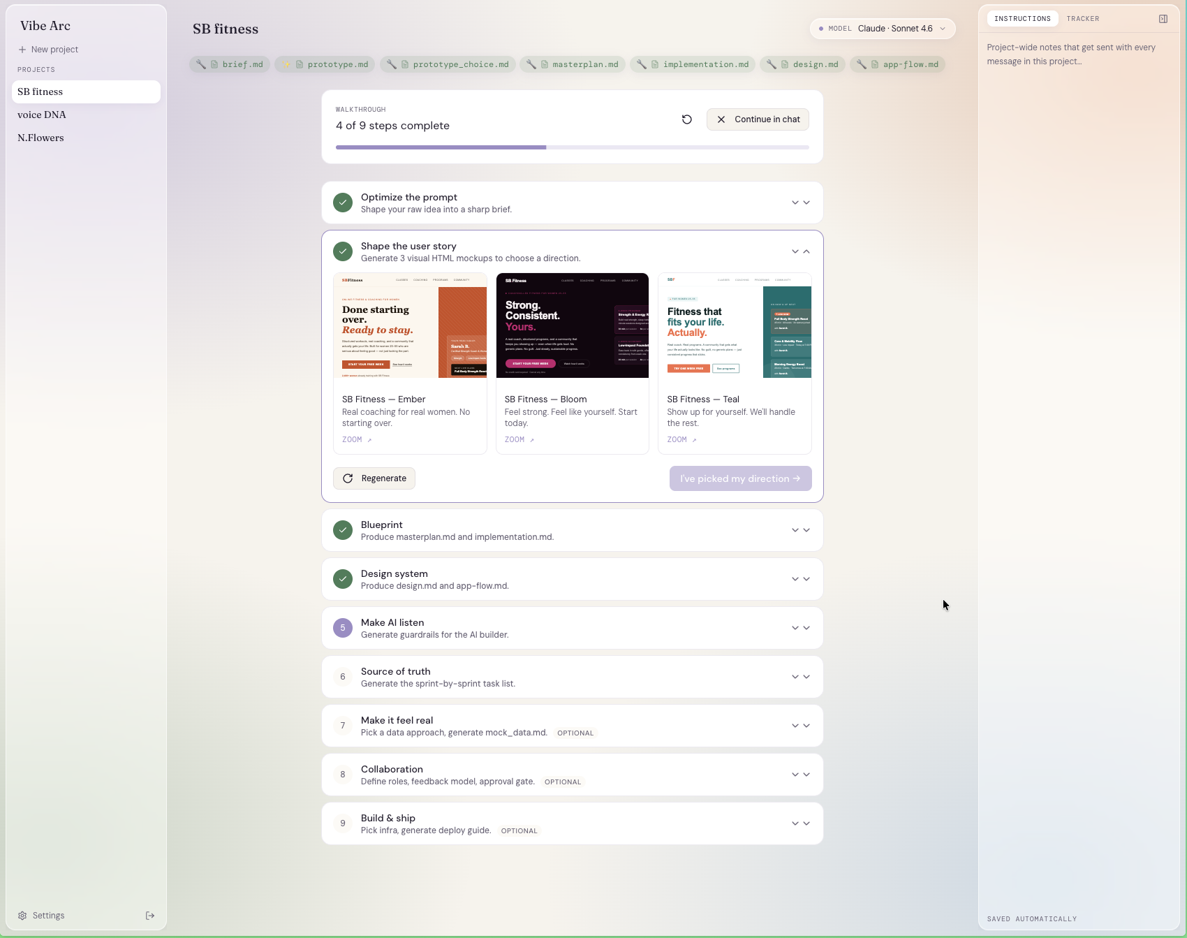 The vibe-arc build tracker walking a project through the 9-step method